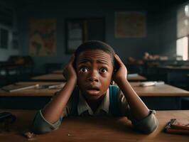 African kid in emotional dynamic pose in school AI Generative photo