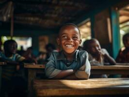 African kid in emotional dynamic pose in school AI Generative photo