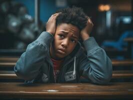 African kid in emotional dynamic pose in school AI Generative photo