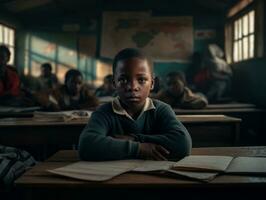 African kid in emotional dynamic pose in school AI Generative photo