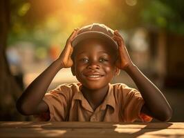 African kid in emotional dynamic pose in school AI Generative photo