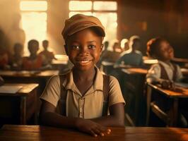 African kid in emotional dynamic pose in school AI Generative photo