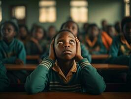 African kid in emotional dynamic pose in school AI Generative photo