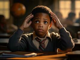 African kid in emotional dynamic pose in school AI Generative photo