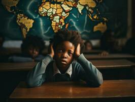 African kid in emotional dynamic pose in school AI Generative photo