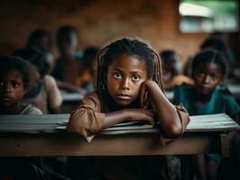 African kid in emotional dynamic pose in school AI Generative photo