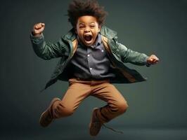 African kid in emotional dynamic pose in school AI Generative photo