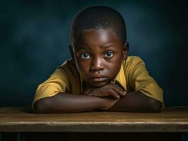 African kid in emotional dynamic pose in school AI Generative photo