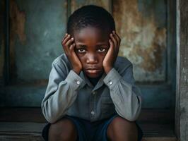 African kid in emotional dynamic pose in school AI Generative photo