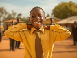 African kid in emotional dynamic pose in school AI Generative photo