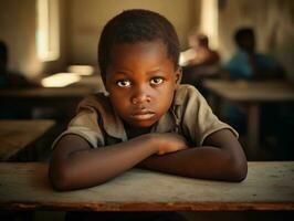 African kid in emotional dynamic pose in school AI Generative photo