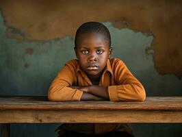 African kid in emotional dynamic pose in school AI Generative photo