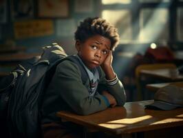 African kid in emotional dynamic pose in school AI Generative photo