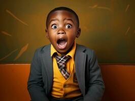 African kid in emotional dynamic pose in school AI Generative photo