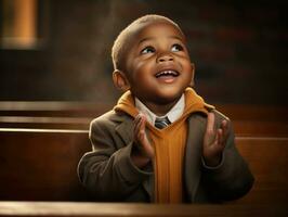 African kid in emotional dynamic pose in school AI Generative photo