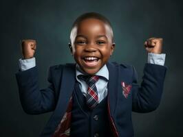 African kid in emotional dynamic pose in school AI Generative photo