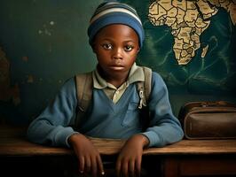 African kid in emotional dynamic pose in school AI Generative photo