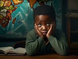 African kid in emotional dynamic pose in school AI Generative photo