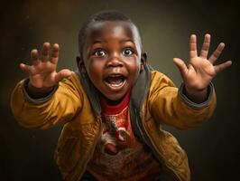 African kid in emotional dynamic pose in school AI Generative photo