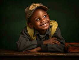 African kid in emotional dynamic pose in school AI Generative photo