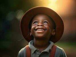 African kid in emotional dynamic pose in school AI Generative photo