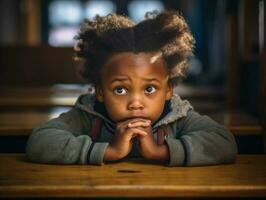 African kid in emotional dynamic pose in school AI Generative photo