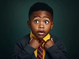 African kid in emotional dynamic pose in school AI Generative photo