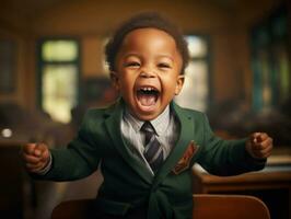 African kid in emotional dynamic pose in school AI Generative photo