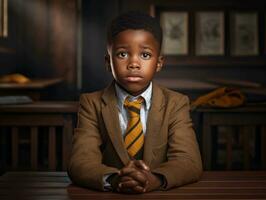 African kid in emotional dynamic pose in school AI Generative photo