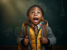 African kid in emotional dynamic pose in school AI Generative photo