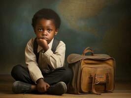 African kid in emotional dynamic pose in school AI Generative photo