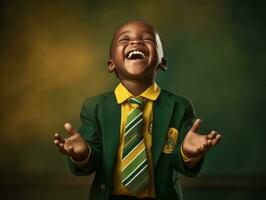 African kid in emotional dynamic pose in school AI Generative photo