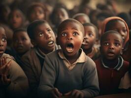 African kid in emotional dynamic pose in school AI Generative photo