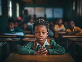 African kid in emotional dynamic pose in school AI Generative photo