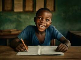 African kid in emotional dynamic pose in school AI Generative photo