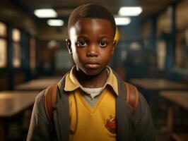 African kid in emotional dynamic pose in school AI Generative photo