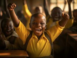 African kid in emotional dynamic pose in school AI Generative photo