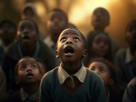 African kid in emotional dynamic pose in school AI Generative photo