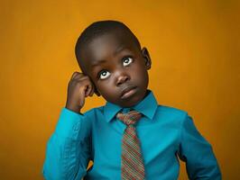 African kid in emotional dynamic pose in school AI Generative photo