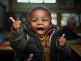 African kid in emotional dynamic pose in school AI Generative photo
