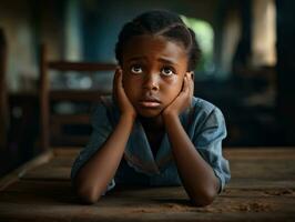 African kid in emotional dynamic pose in school AI Generative photo