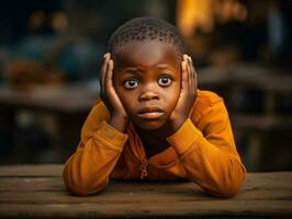 African kid in emotional dynamic pose in school AI Generative photo