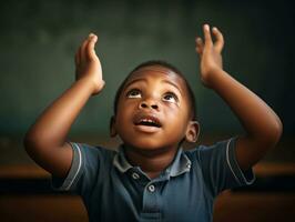African kid in emotional dynamic pose in school AI Generative photo
