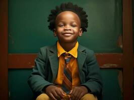 African kid in emotional dynamic pose in school AI Generative photo