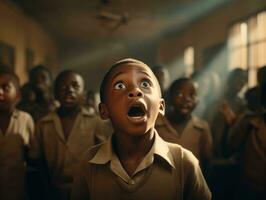 African kid in emotional dynamic pose in school AI Generative photo