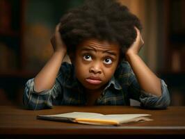 africano niño en emocional dinámica actitud en colegio ai generativo foto