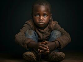 African kid in emotional dynamic pose in school AI Generative photo