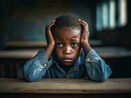 African kid in emotional dynamic pose in school AI Generative photo