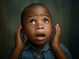 African kid in emotional dynamic pose in school AI Generative photo