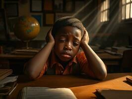 African kid in emotional dynamic pose in school AI Generative photo